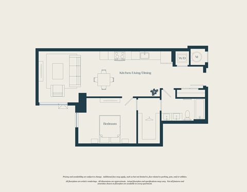Floor plan for 1 bed, 1 bath, 768 sqft